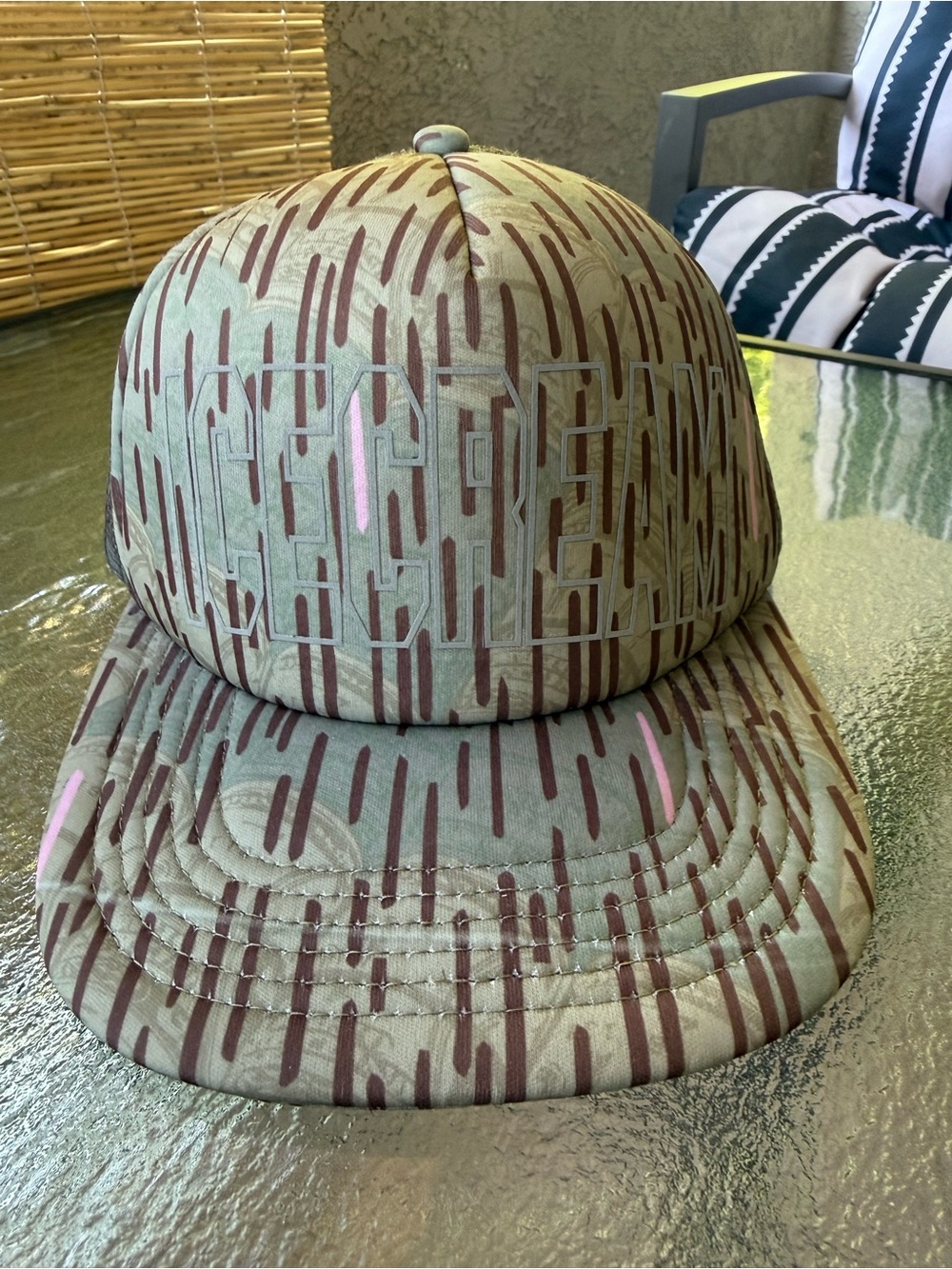 Icecream Olive Cap with Brown Stripes and Pink Accents